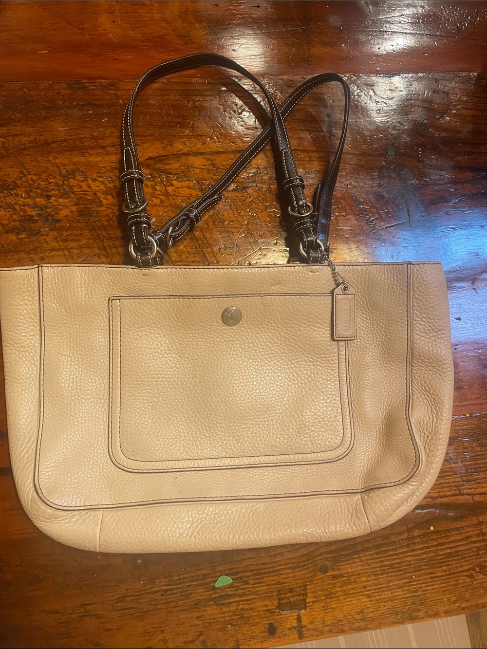 Vintage Coach Pebbled Leather Shoulder Tote in Beige with brown straps